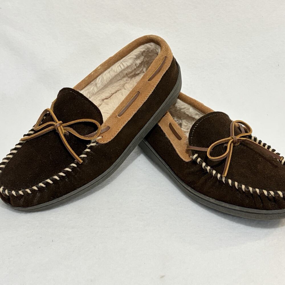 Minnetonka Slippers Mens 9 Pile Lined Hardsole Brown Leather Comfort House Shoes